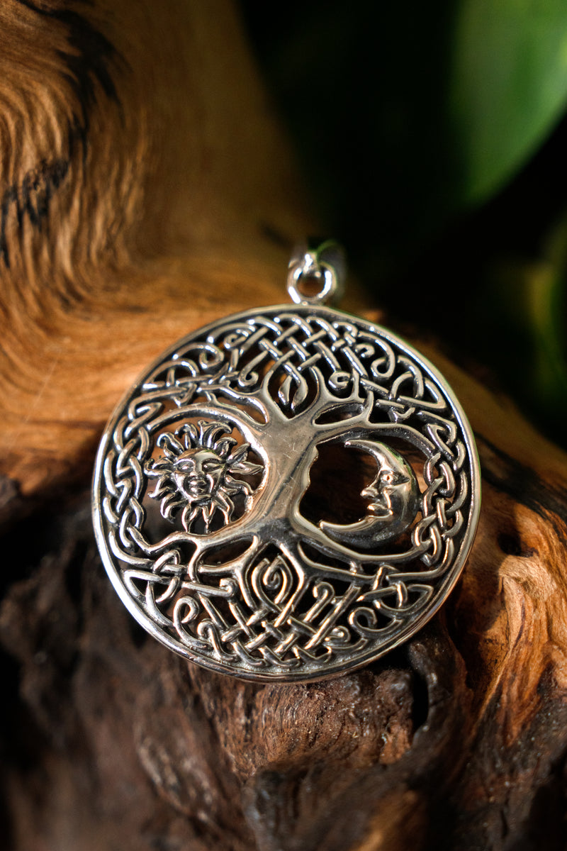 Colgante de árbol de la vida con sol y luna, madera 