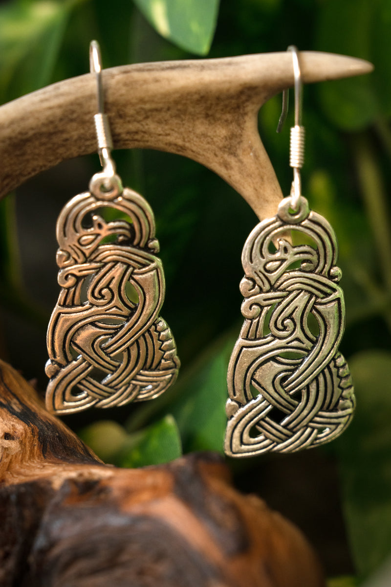 Pendientes de dragón vikingos, bronce plateado 