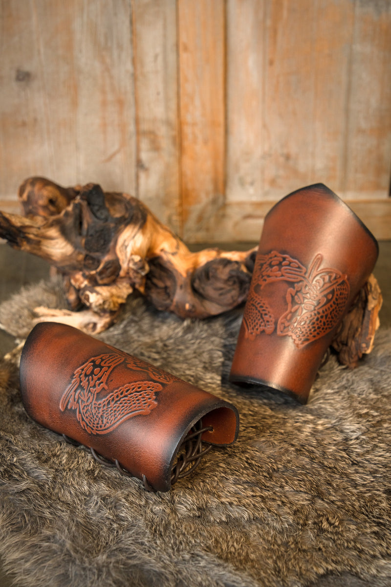 Brazales de cuero con dragón, avambrazos, marrón 