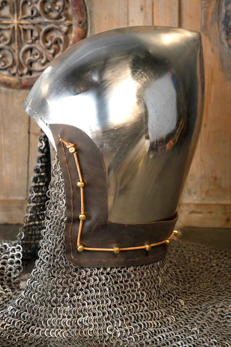 14th century bascinet with aventail flat rings round rivets, 2 mm (battle-ready)