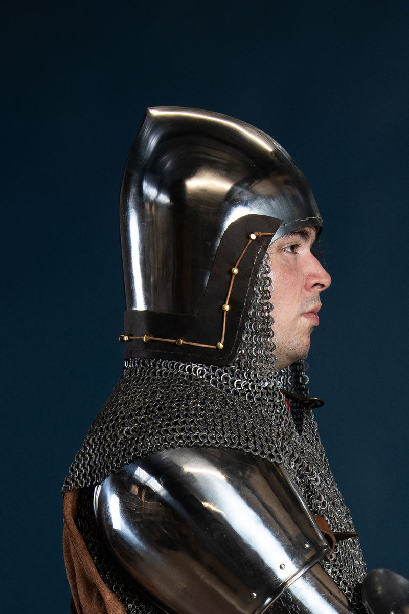 14th century bascinet with aventail flat rings round rivets, 2 mm (battle-ready)