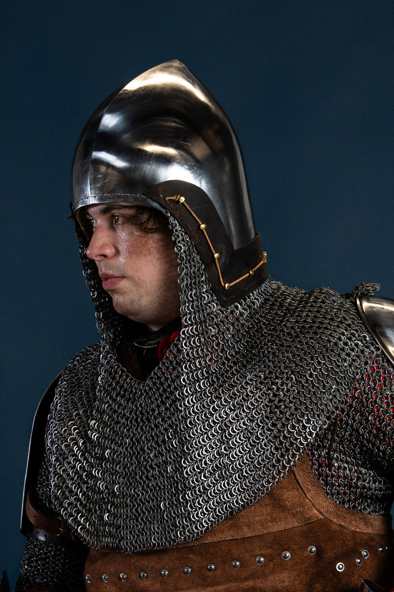 14th century bascinet with aventail flat rings round rivets, 2 mm (battle-ready)