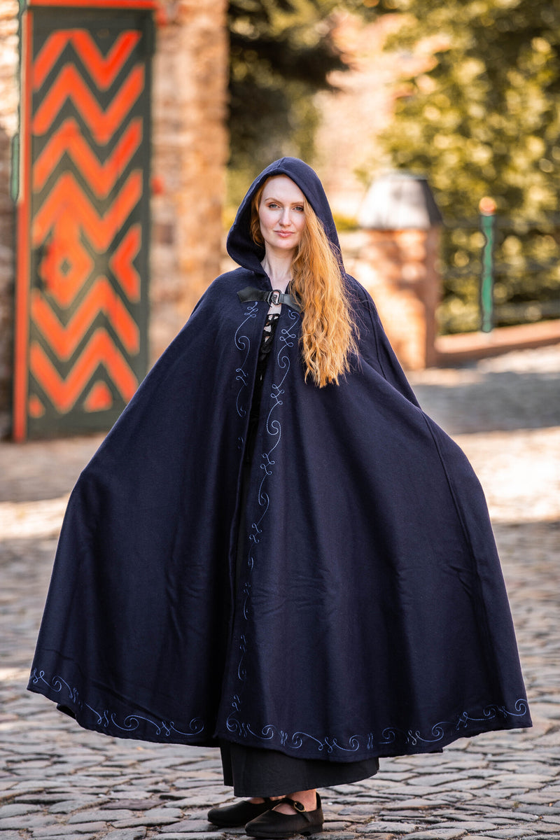 Embroidered cloak Damia with clasp, wool blend, blue