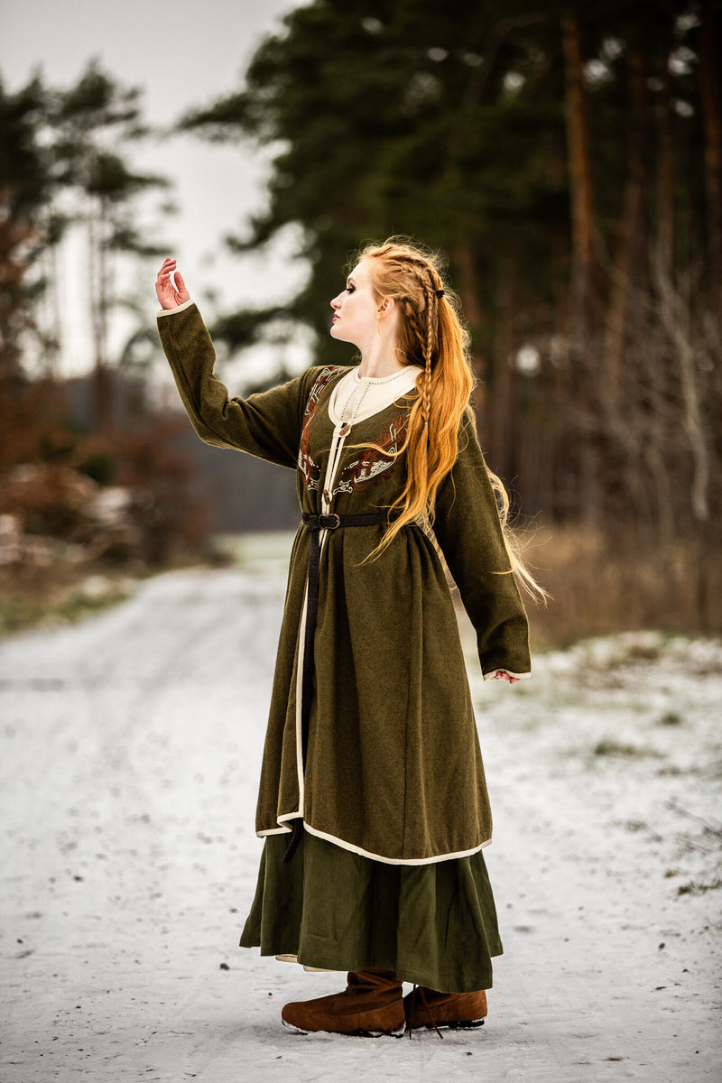 Viking kaftan Skadi, olivgrön, ullblandning 