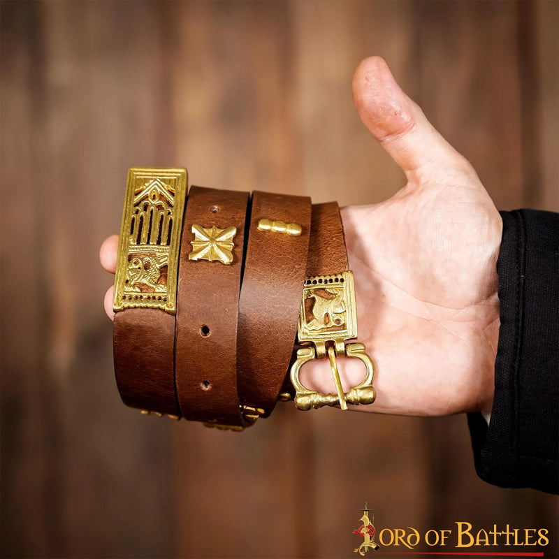 Mittelalterliche Leder Gürtel mit messing Gürtelbeschlag, braun 