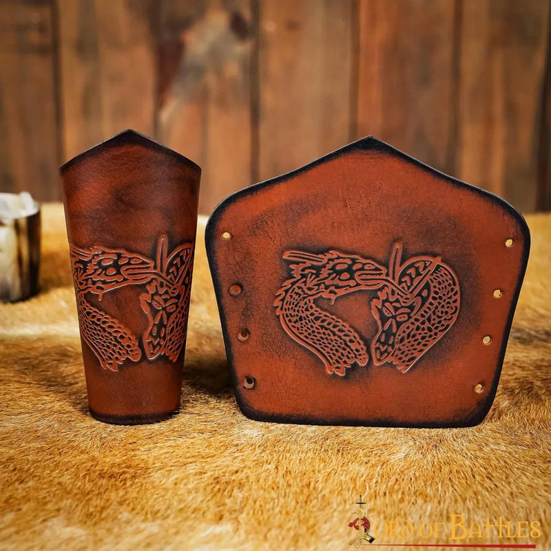 Läderarmskydd med drake, armskenor, brun 