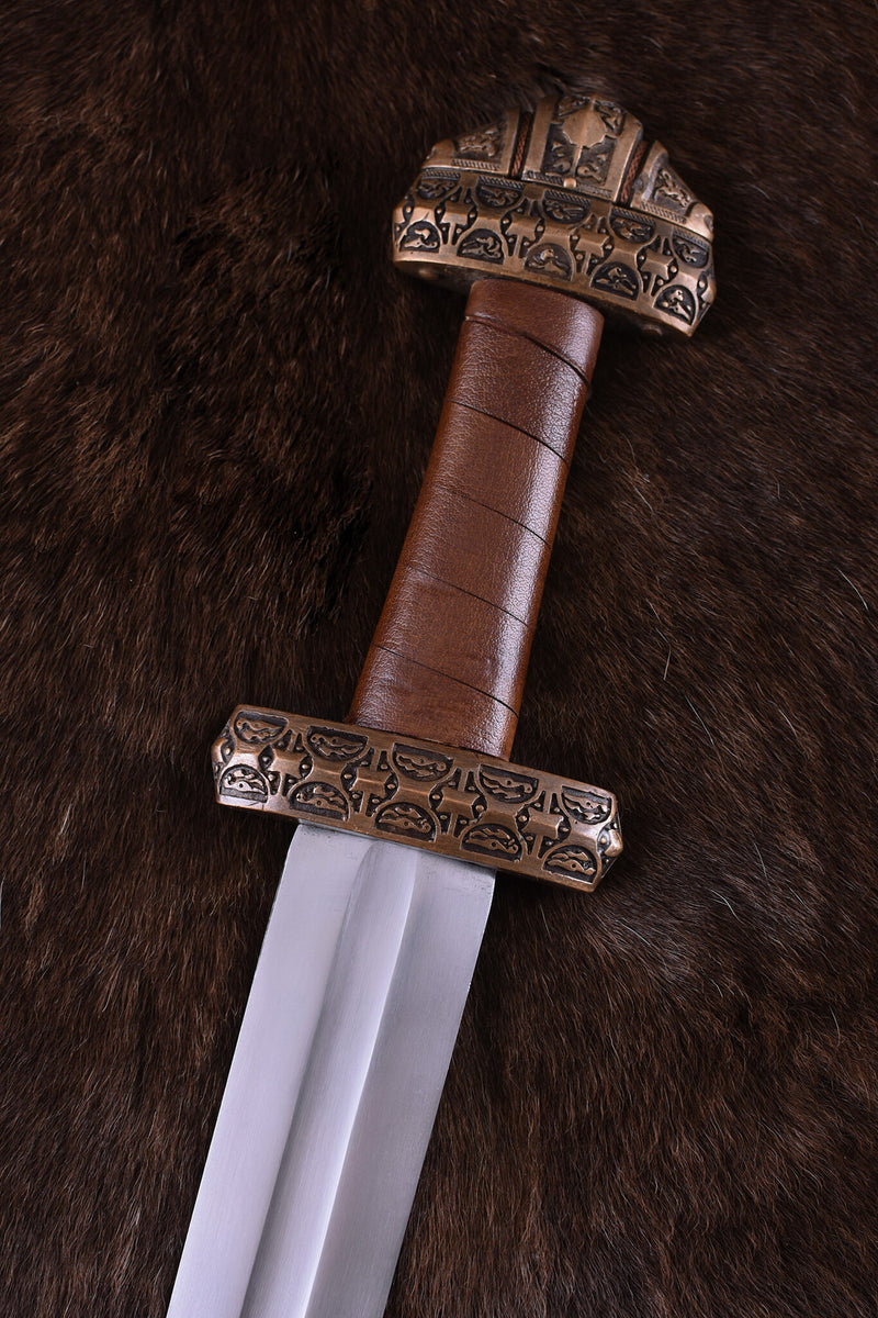 Espada vikinga isla Eigg, cuero empuñadura, templado, semi-afilado 