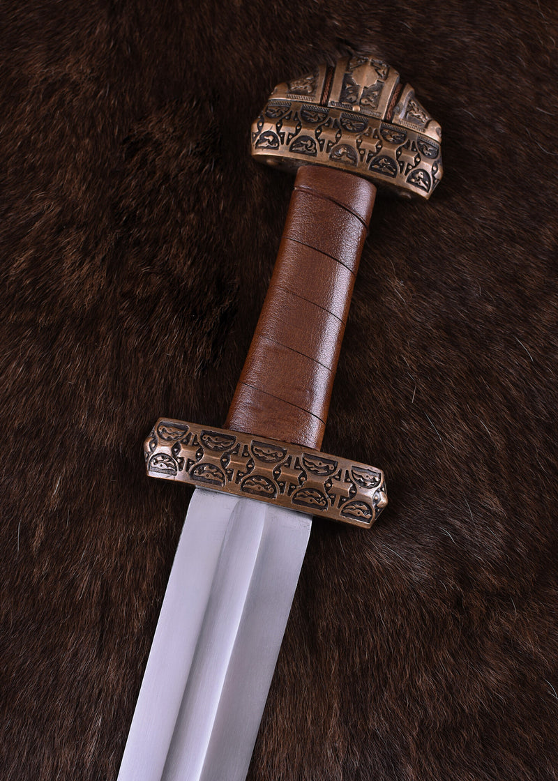 Espada vikinga isla Eigg, cuero empuñadura, templado, semi-afilado 