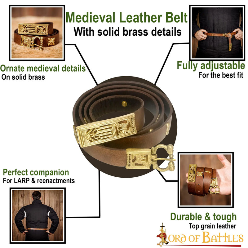 Mittelalterliche Leder Gürtel mit messing Gürtelbeschlag, braun 