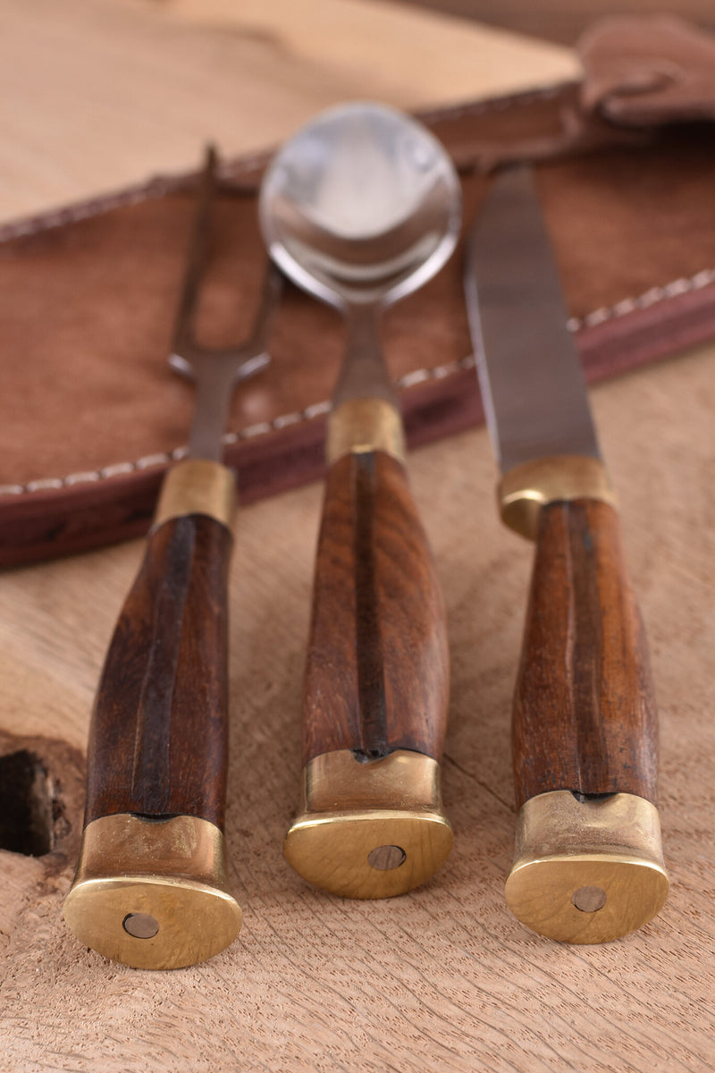 Houten bestekset met hoes, roestvrij staal