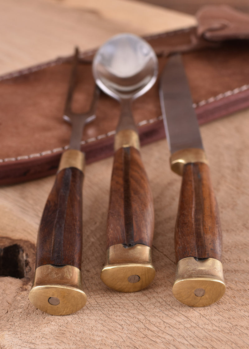 Træbestiksæt med etui, rustfrit stål 