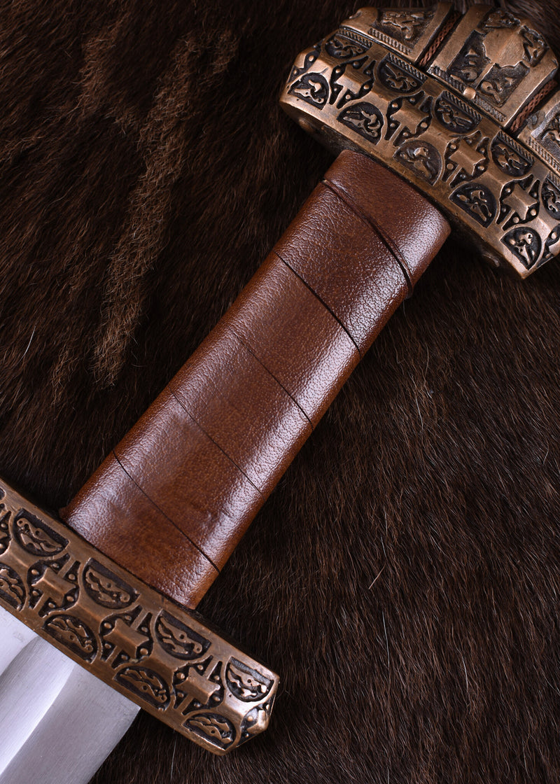 Espada vikinga isla Eigg, cuero empuñadura, templado, semi-afilado 