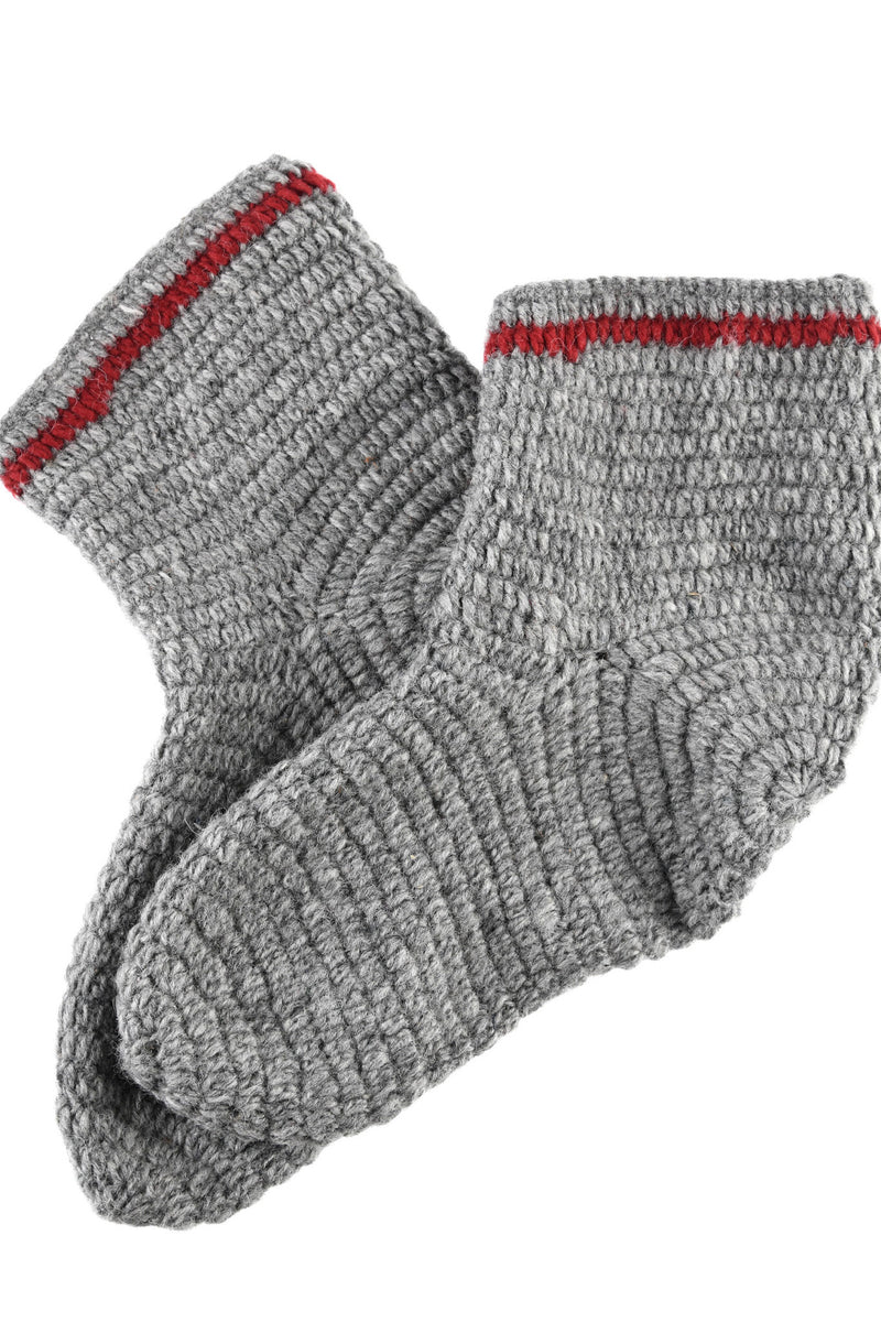 Gehaakte sokken, 100% wol, grijs - wijnrood