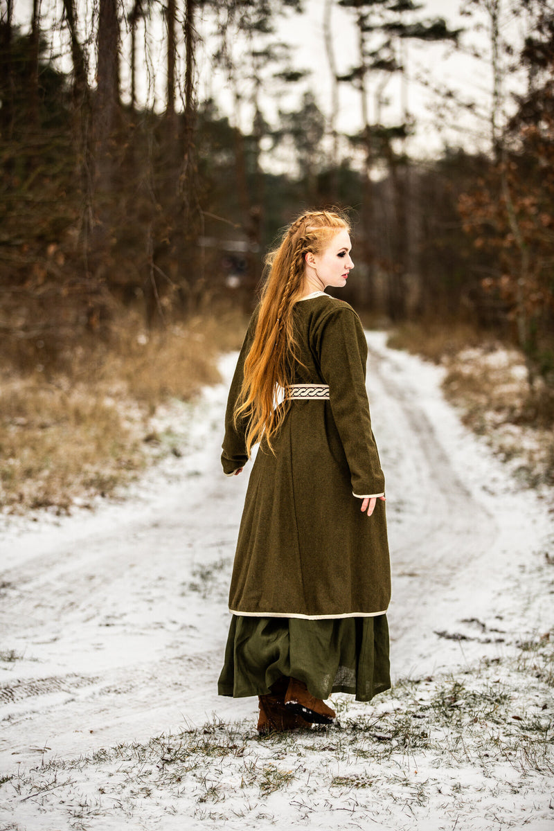 Viking kaftan Skadi, olivgrön, ullblandning 