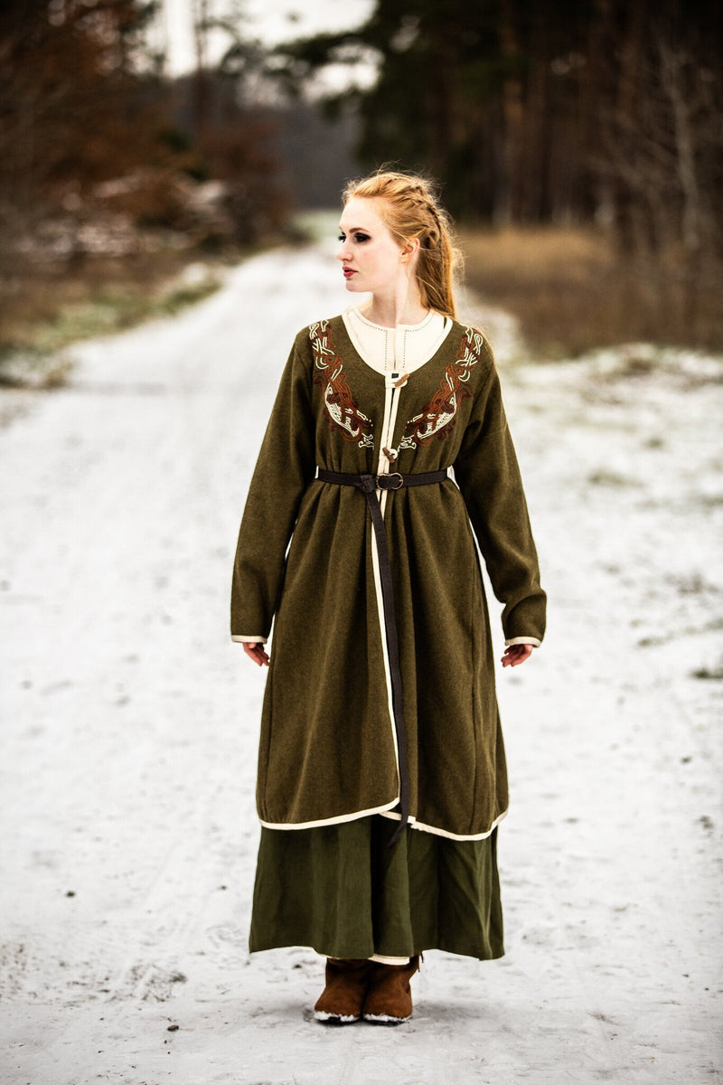 Viking kaftan Skadi, olivgrön, ullblandning 