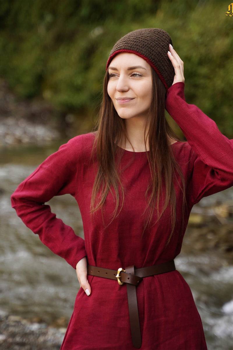 Naaldgebonden muts, 100% wol, bruin-rood