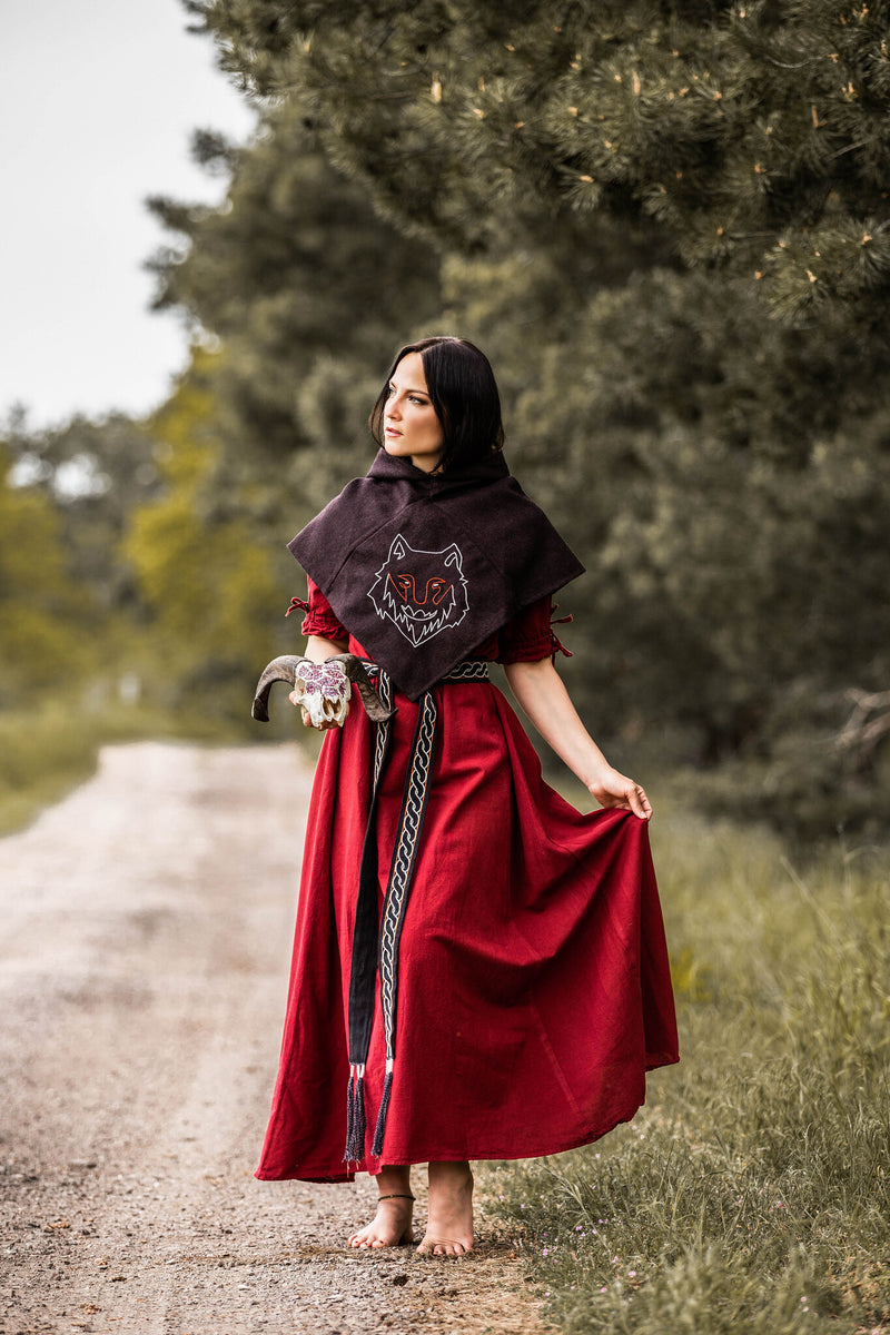 Skjoldehamm cappuccio Halfdan con lupo, marrone, misto lana 