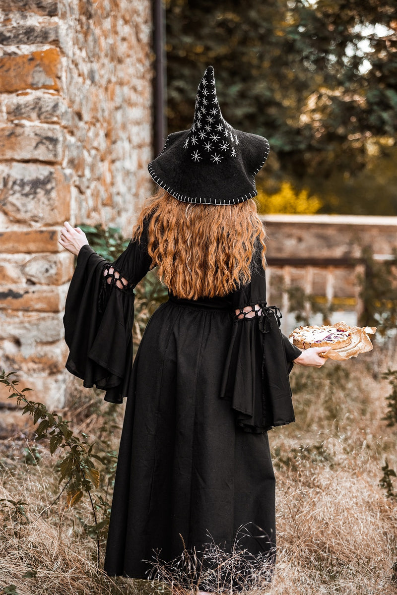 Heksenhoed met sterren, zwart, wol