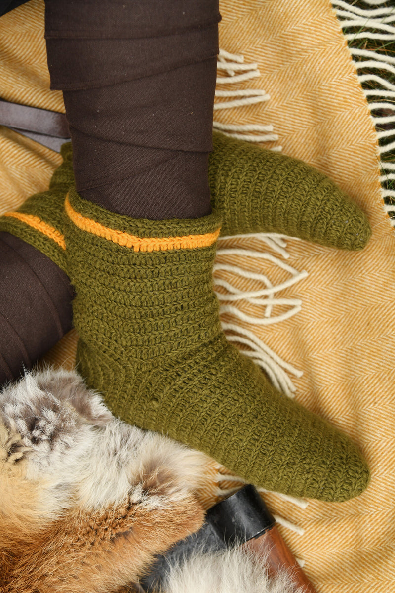 Gehaakte sokken, 100% wol, groen-geel