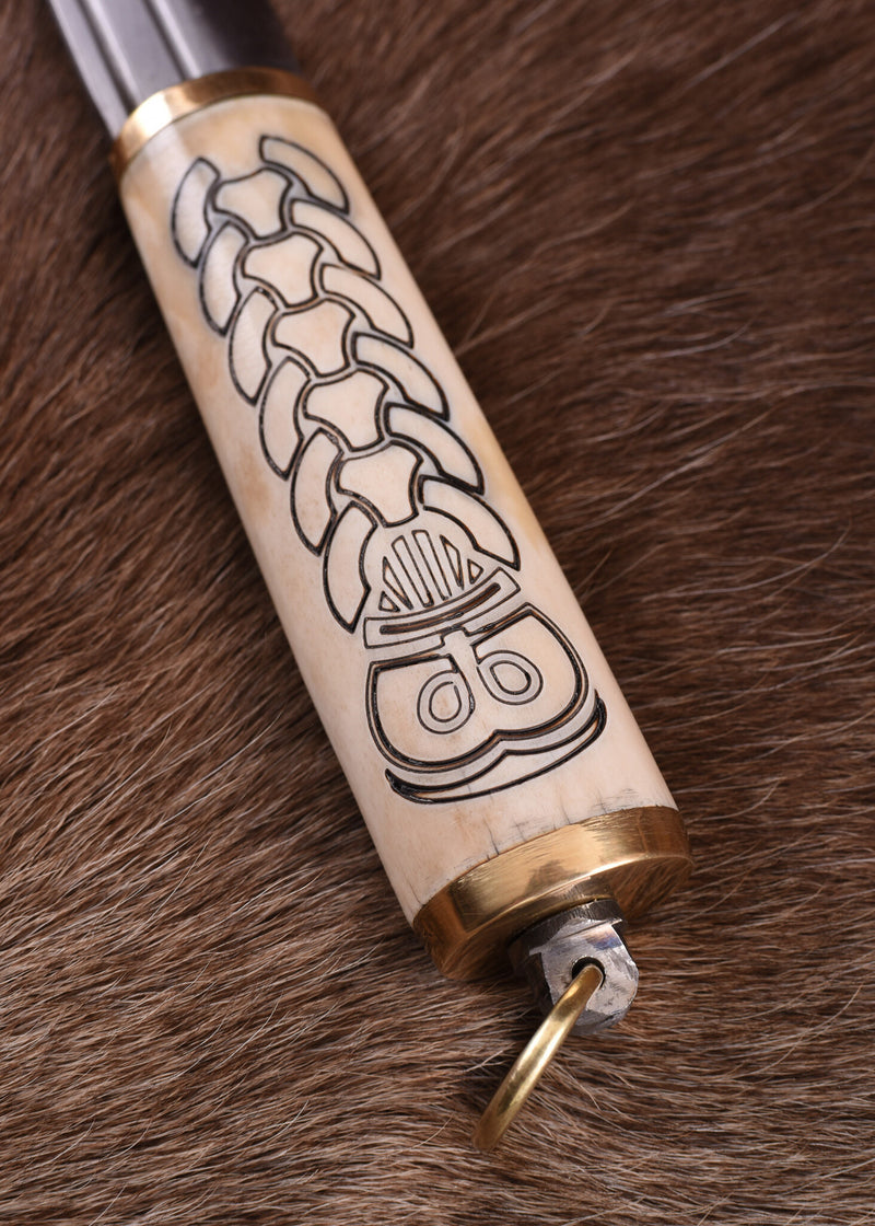 Kleine Noorse viking sax met gedecoreerd benen handvat, semi-scherp
