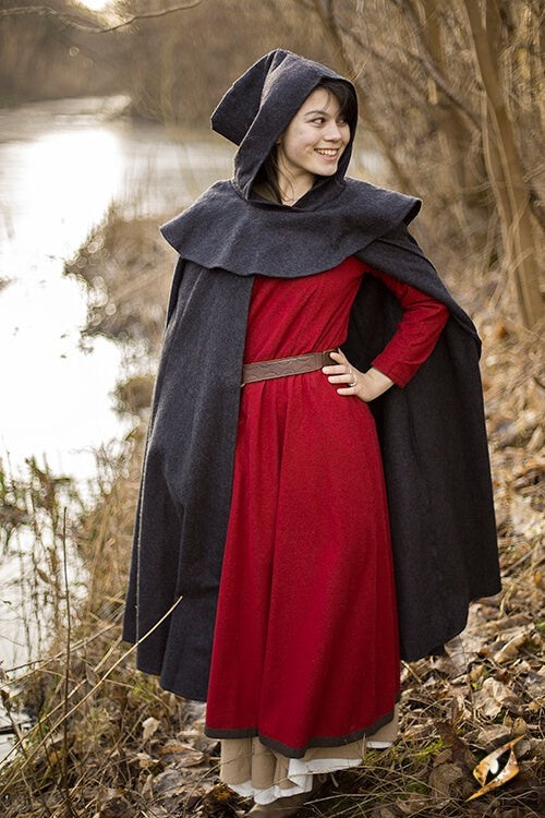 Middeleeuwse mantel met kap Thomas, grijs, wolmix