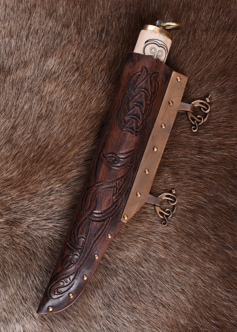 Kleine Noorse viking sax met gedecoreerd benen handvat, semi-scherp