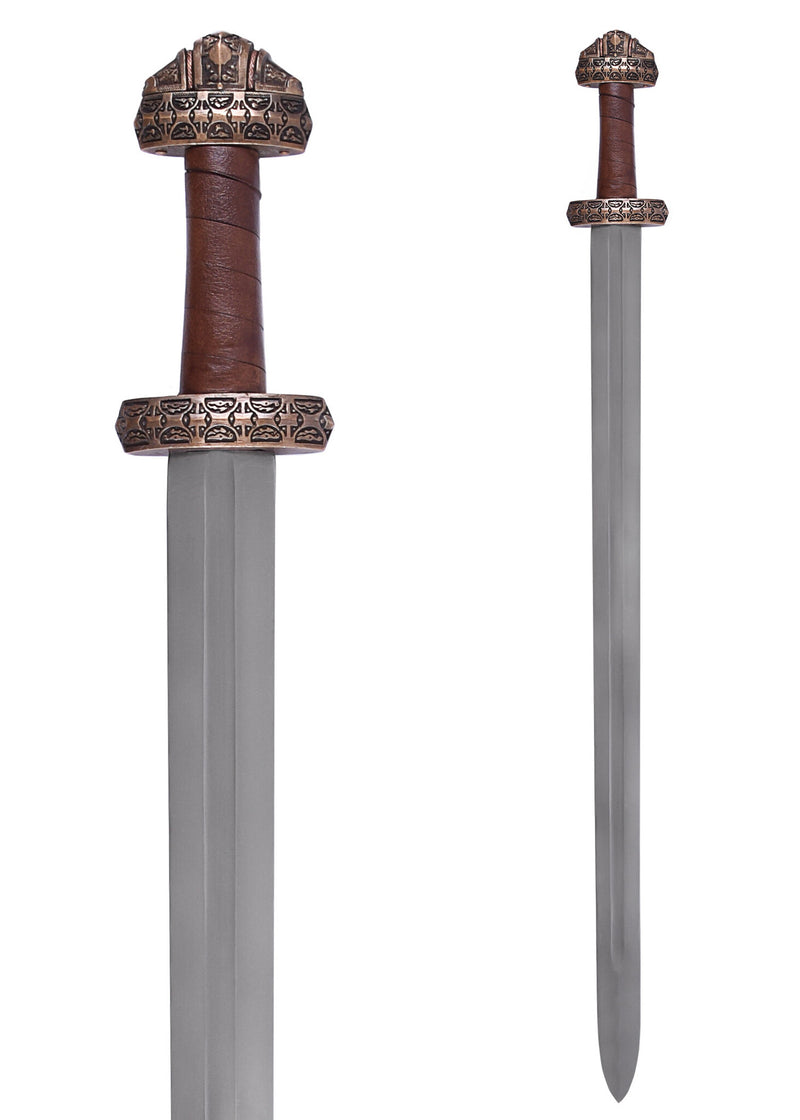 Espada vikinga isla Eigg, cuero empuñadura, templado, semi-afilado 