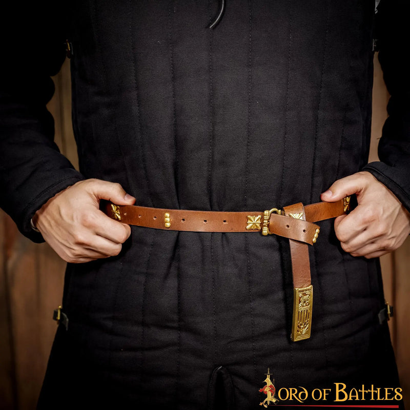 Mittelalterliche Leder Gürtel mit messing Gürtelbeschlag, braun 