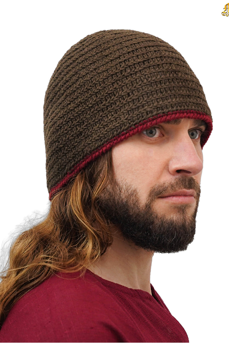 Naaldgebonden muts, 100% wol, bruin-rood