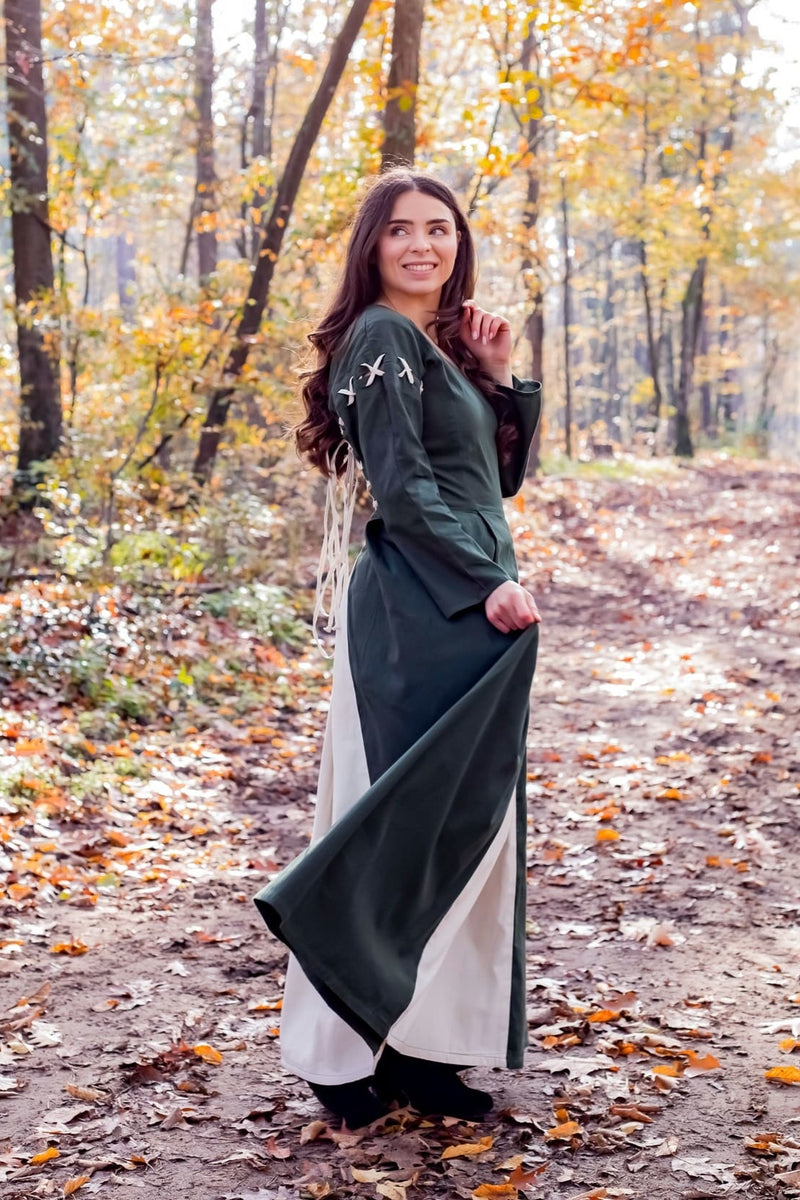 Middeleeuwse jurk Larina, olijfgroen-naturel