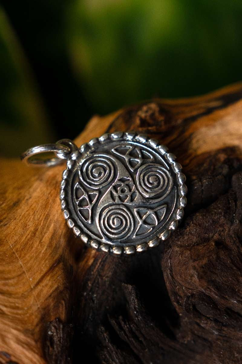Celtic pendant triskelion with spirals, sterling silver