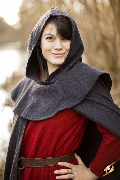 Middeleeuwse mantel met kap Thomas, grijs, wolmix