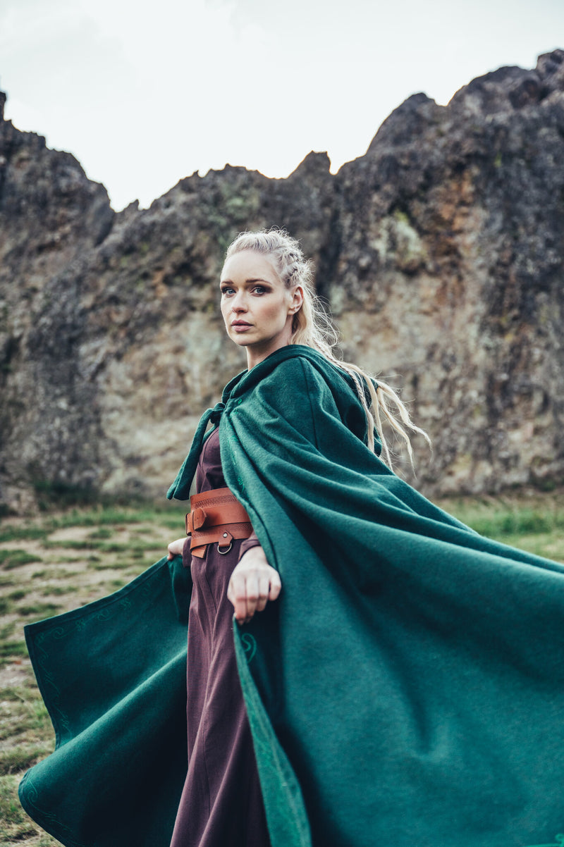 Geborduurde mantel Damia, groen, wolmix