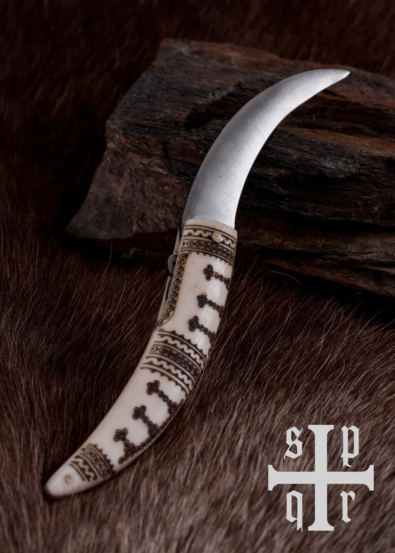 Couteau pliant viking, os poignée, semi-tranchant 