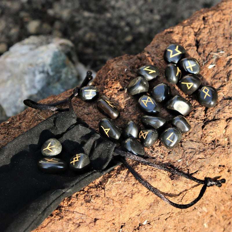 Set 25 runenstenen obsidiaan met zakje