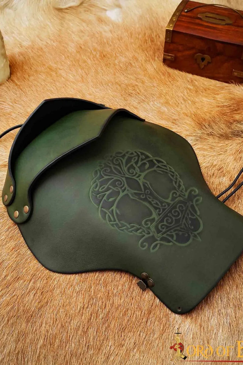 Leren pauldron Yggdrasil Mjolnir, groen