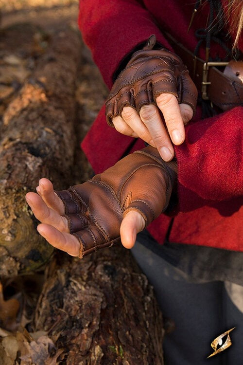Läder fingerlösa handskar, brun 