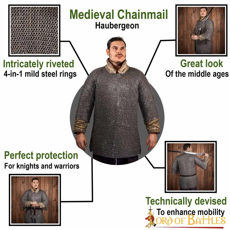 Maliën haubergeon, gemixte platte ringen, ronde klinknagels, 9mm