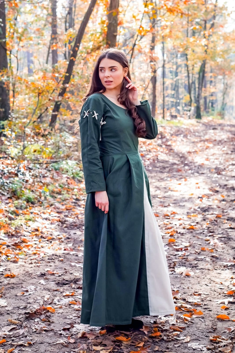 Middeleeuwse jurk Larina, olijfgroen-naturel