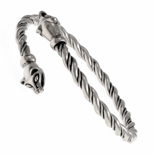 Bracelet viking avec têtes de belette, bronze argenté 