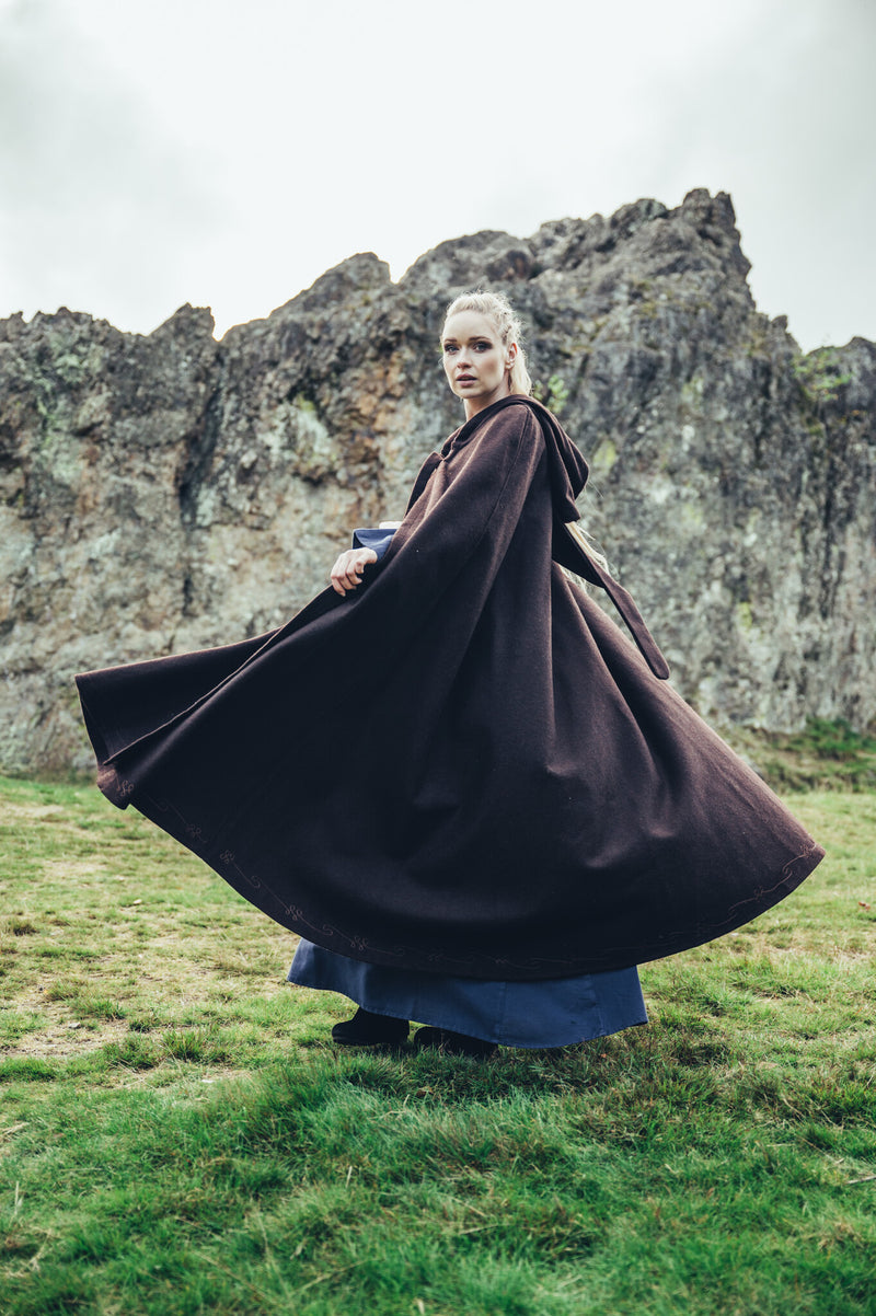 Geborduurde mantel Damia, wolmix, bruin