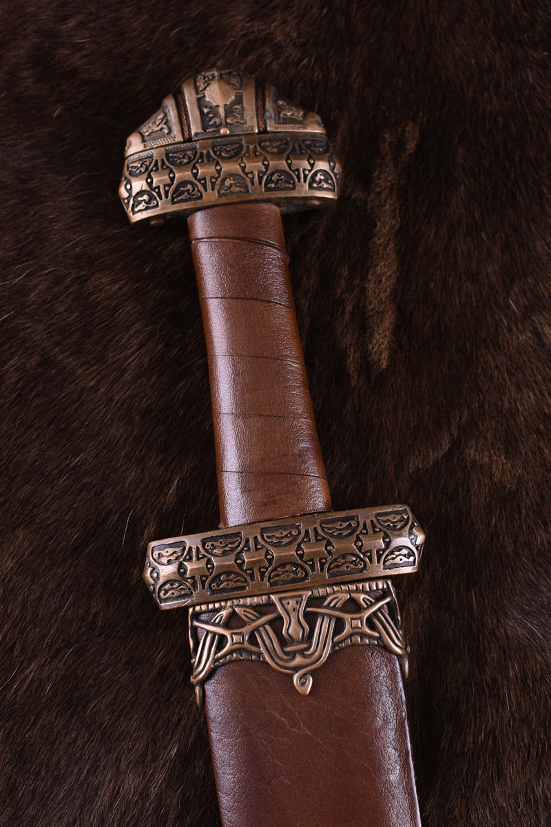 Espada vikinga isla Eigg, cuero empuñadura, templado, semi-afilado 