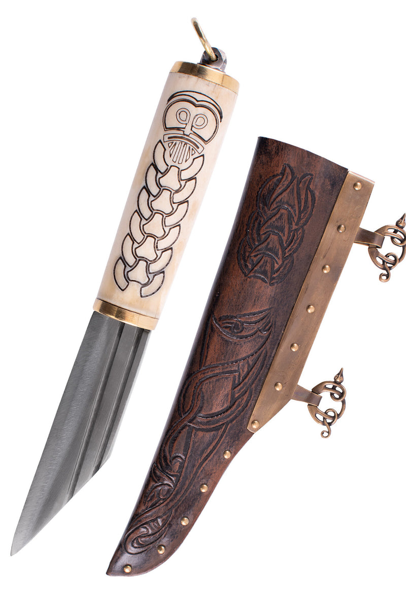 Kleine Noorse viking sax met gedecoreerd benen handvat, semi-scherp