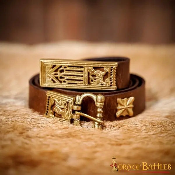 Mittelalterliche Leder Gürtel mit messing Gürtelbeschlag, braun 