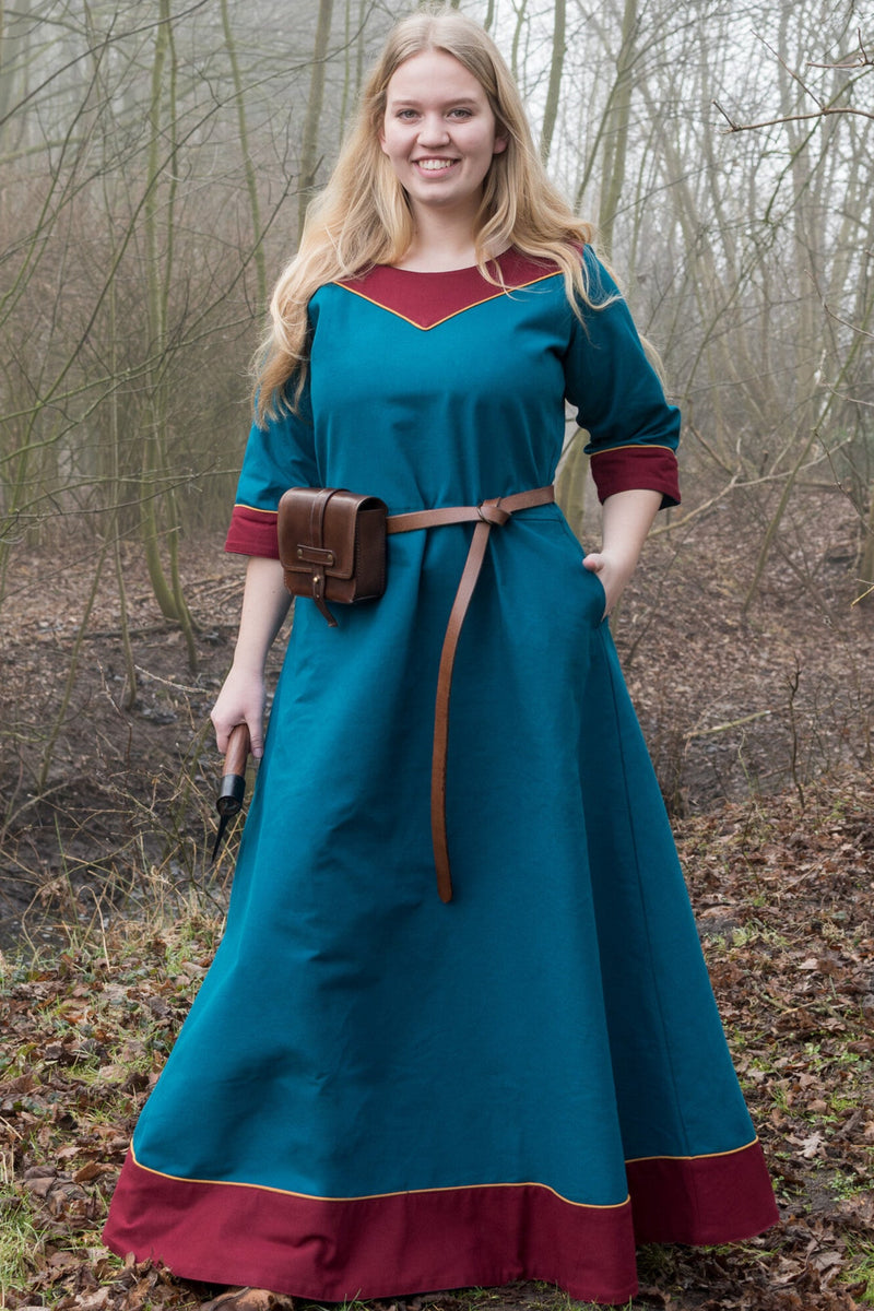(Vroeg) Middeleeuwse jurk Gesine, blauwgroen-rood