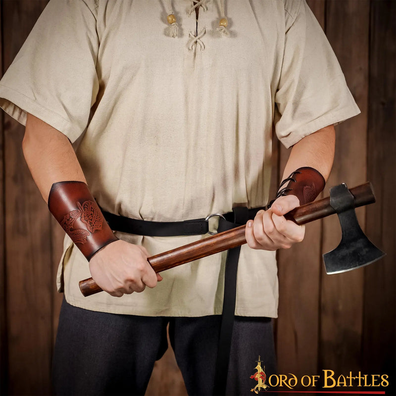 Läderarmskydd med drake, armskenor, brun 