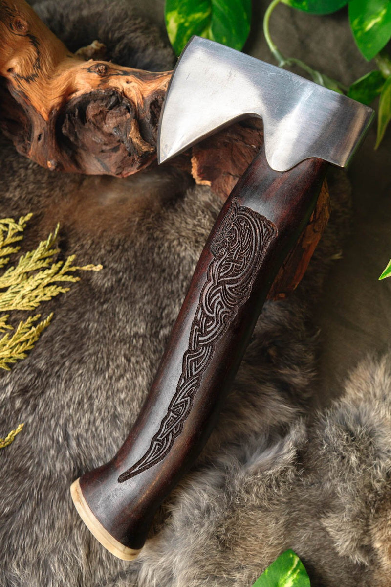 Rostfritt stål Viking handyxa med Mjolnir, halvvass 