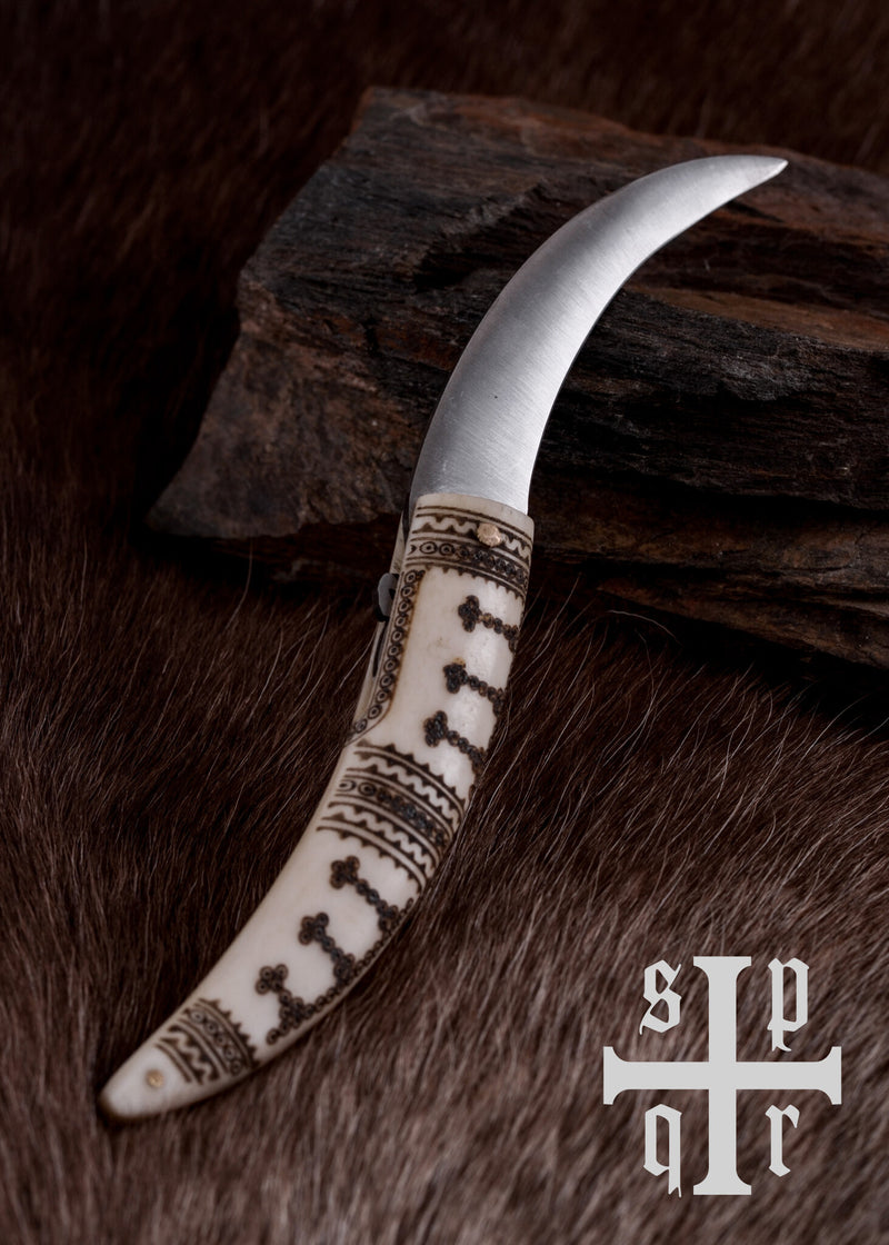 Couteau pliant viking, os poignée, semi-tranchant 