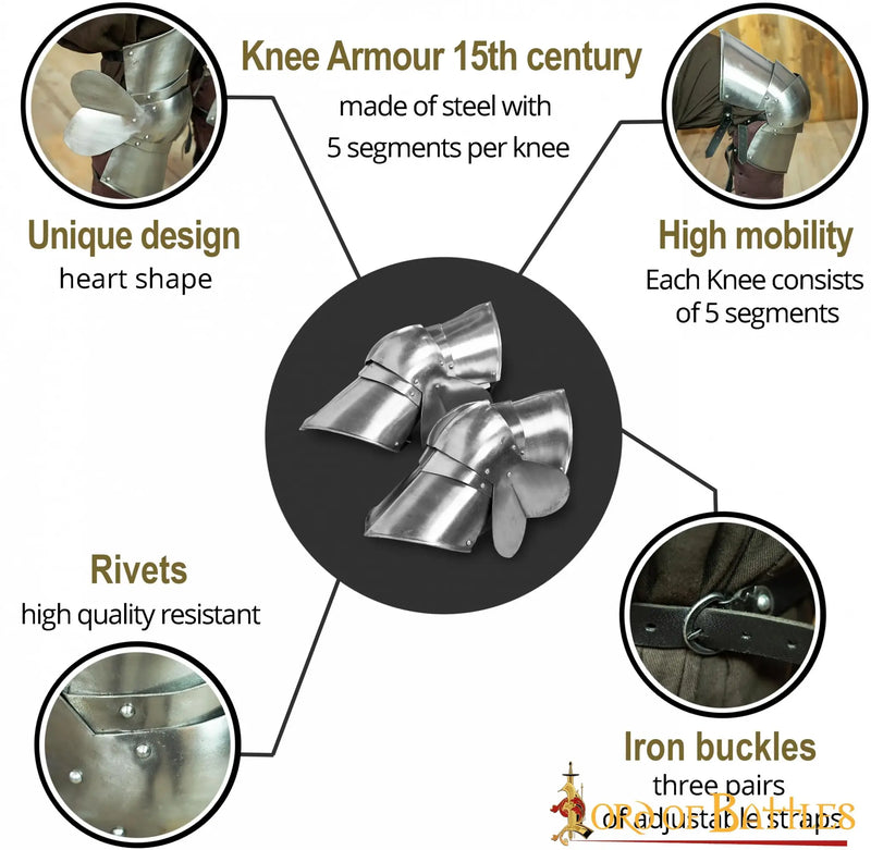 15th century poleyns, leg armor with roundels, 1.6 mm