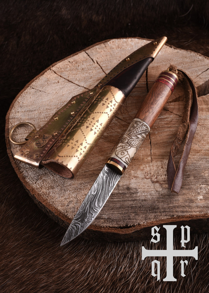 Vikingmes Odin's raven, damascusstaal, semi-scherp